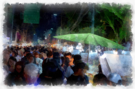 Landscape of Chiang Mai Walking Market in Thailand watercolor style illustration impressionist...