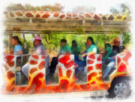tour bus in the garden watercolor style illustration impressionist painting.の写真素材