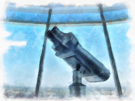 Huge binoculars on the city observatory watercolor style illustration impressionist painting.の写真素材