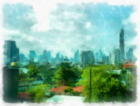The landscape of the tall buildings in Bangkok watercolor style illustration impressionist painting.の写真素材