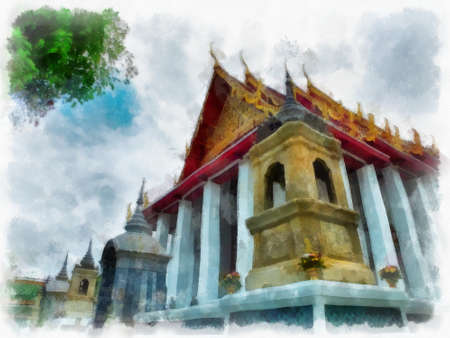 Landscape of ancient architecture and ancient art in Bangkok of Thailand watercolor style illustration impressionist painting.の写真素材