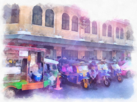 Bangkok city landscape watercolor style illustration impressionist painting.