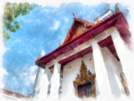 ancient Thai architecture building watercolor style illustration impressionist painting.の写真素材