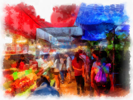Landscape of the Walking Market at night during the holidays watercolor style illustration impressionist painting.の写真素材