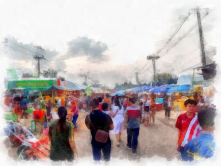 Landscape of the Walking Market at night during the holidays watercolor style illustration impressionist painting.の写真素材