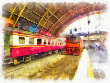 The scenery of the Thai train station watercolor style illustration impressionist painting.の写真素材