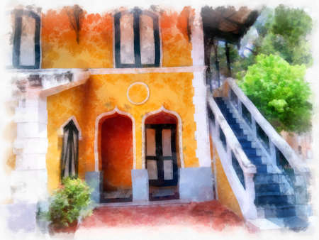 Landscape of the Gothic Architecture Building of the Yellow House Antique watercolor style illustration impressionist painting.の写真素材