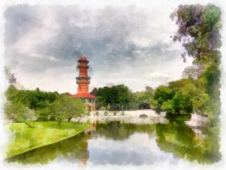 landscape of ancient european architecture tower watercolor style illustration impressionist painting.の写真素材