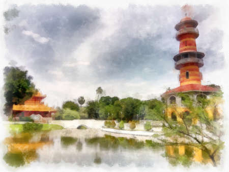 landscape of ancient european architecture tower watercolor style illustration impressionist painting.の写真素材