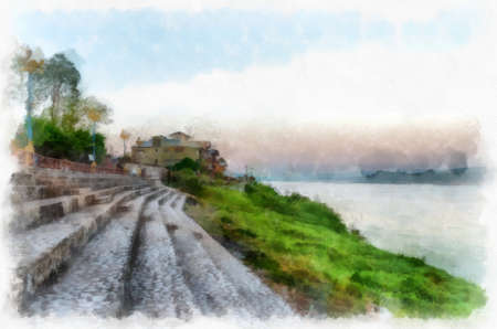 Mekong river landscape of Thailand watercolor style illustration impressionist painting.の写真素材