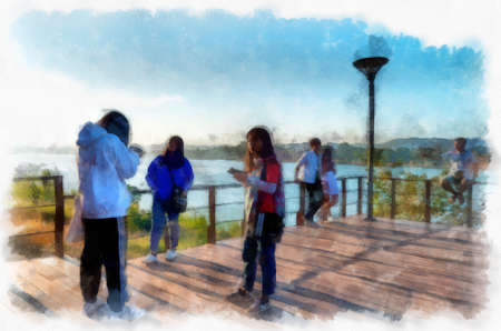 Mekong river landscape of Thailand watercolor style illustration impressionist painting.の写真素材