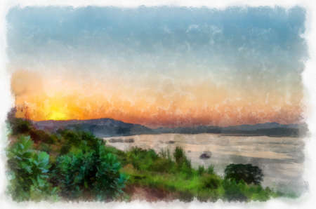 Mekong river landscape of Thailand watercolor style illustration impressionist painting.の写真素材