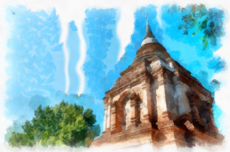 Ancient architecture of northern thailand watercolor style illustration impressionist painting.の写真素材