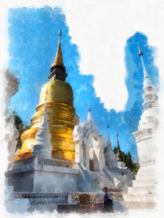 Landscape and scenery of the Ancient Architecture Council in Chiang Mai and tourist attractions of Thailand watercolor style illustration impressionist painting.の写真素材