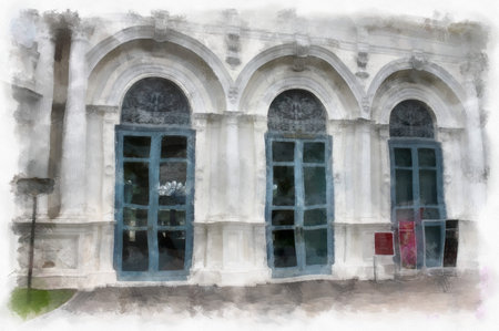 landscape of ancient european architecture in the park watercolor style illustration impressionist painting.の写真素材