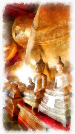 Ancient golden Buddha statue in an ancient church watercolor style illustration impressionist painting.の写真素材