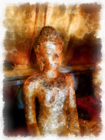 Ancient golden Buddha statue in an ancient church watercolor style illustration impressionist painting.の写真素材