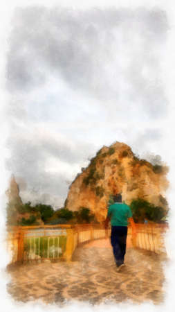 landscape of mountains and mountain ranges watercolor style illustration impressionist painting.の写真素材