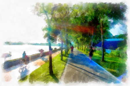Park landscape and park buildings watercolor style illustration impressionist painting.