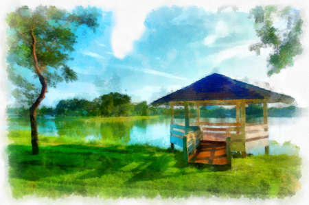 Park landscape and park buildings watercolor style illustration impressionist painting.の写真素材
