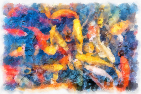 A group of koi fish in the pond watercolor style illustration impressionist painting.の写真素材