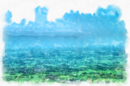 The mountain landscape has forests and land watercolor style illustration impressionist painting.の写真素材