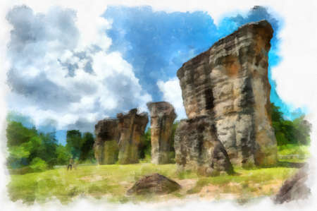 landscape of large natural stone blocks in nature watercolor style illustration impressionist painting.の写真素材