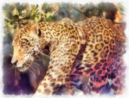 The leopard watercolor style illustration impressionist painting.の写真素材
