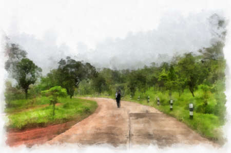 landscape of mountains forests trees and fog watercolor style illustration impressionist painting.の写真素材