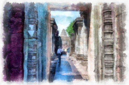 Ancient stone castle and ancient pattern art in Thailand watercolor style illustration impressionist painting.の写真素材