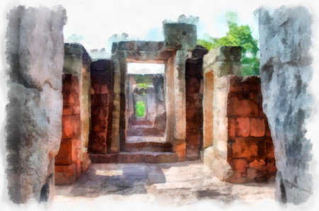 Ancient stone castle and ancient pattern art in Thailand watercolor style illustration impressionist painting.の写真素材