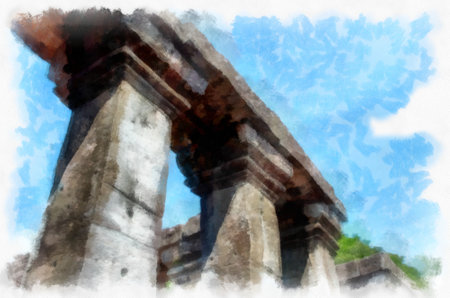 Ancient stone castle and ancient pattern art in Thailand watercolor style illustration impressionist painting.の写真素材