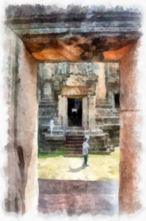 Ancient stone castle and ancient pattern art in Thailand watercolor style illustration impressionist painting.の写真素材