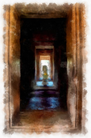 Ancient stone castle and ancient pattern art in Thailand watercolor style illustration impressionist painting.の写真素材