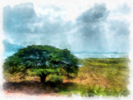 grassland landscape watercolor style illustration impressionist painting.の写真素材