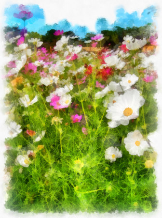 flower field watercolor style illustration impressionist painting.の写真素材