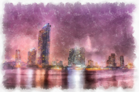 city and river landscape watercolor style illustration impressionist painting.の写真素材