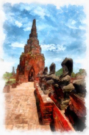 Landscape of ancient ruins in Ayutthaya  watercolor painting impressionist painting.の写真素材