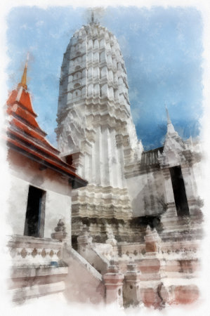 Landscape of ancient ruins in Ayutthaya  watercolor painting impressionist painting.の写真素材