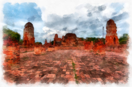 Landscape of ancient ruins in Ayutthaya  watercolor painting impressionist painting.の写真素材