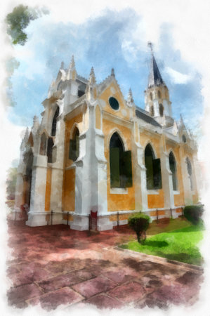 landscape of yellow ancient gothic architecture ancient church watercolor style illustration impressionist painting.の写真素材