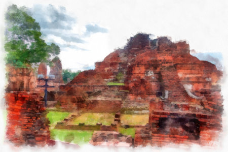 Landscape of ancient ruins in Ayutthaya  watercolor painting impressionist painting.の写真素材