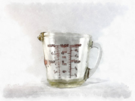 Clear liquid measuring glass on a white background watercolor style illustration impressionist painting.の写真素材