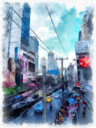 Bangkok city landscape Thailand watercolor style illustration impressionist painting.の写真素材