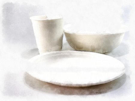 Plates bowls and white paper cups on a white background watercolor style illustration impressionist painting.の写真素材