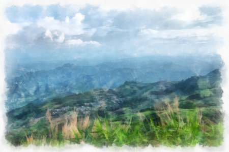 Mountain forest landscape and camping watercolor style illustration impressionist painting.の写真素材