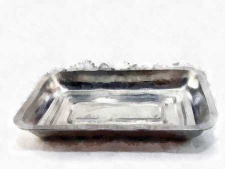 stainless steel tray watercolor style illustration impressionist painting.