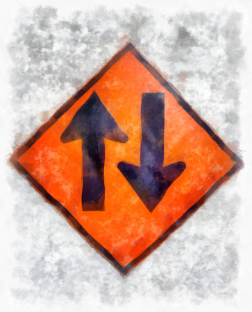 black arrow traffic sign on orange background watercolor style illustration impressionist painting.の写真素材