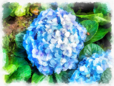 purple blue flower bushes watercolor style illustration impressionist painting.