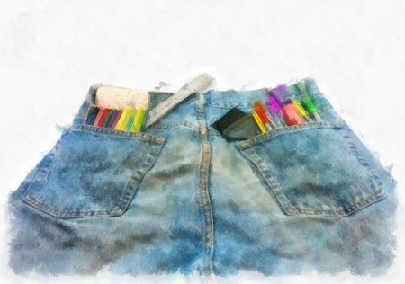 Jeans and colored pencils watercolor style illustration impressionist painting.の写真素材